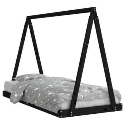 Image of vidaXL Kids Bed Frame 90x190 cm, Solid Pinewood Construction, Black, with Unique Tipi Tent Style Design and Safety Conscious, Ground Level Structure