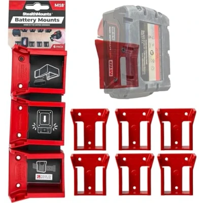 Image of StealthMounts Battery Holder Compatible with Milwaukee M18 (6 Pack) Red Mounts Made in the UK