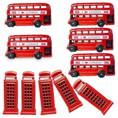 Image of Set of 10 London 3D Bus &amp; TELEPHONE Box Magnet Die Cast Metal fridge British Souvenir Phone Booth