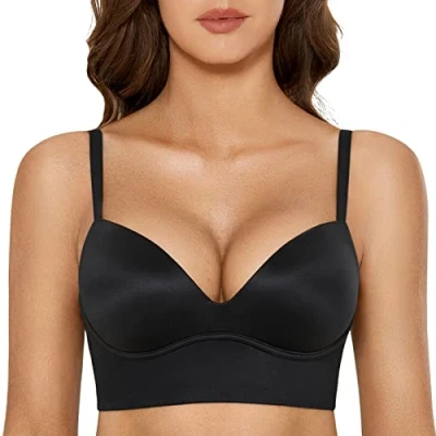 Image of DOBREVA Women&#039;s Push Up Bra Padded Wireless Longline Corset Plunge Comfort T Shirt Bras Black 34B