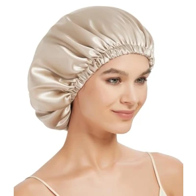 Image of 22 Momme Mulberry Silk Bonnet for Sleeping, Hair Wrap Curly 100% Pure Sleep Cap, Reversible (UK, Alpha, One Size, Champagne)