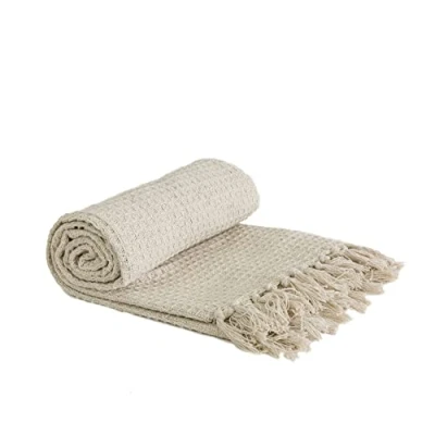 Image of Emma Barclay Honeycomb Recycled Cotton Plain Waffle Textured Chair Sofa Setee Throw Over Blanket in Ivory Cream 90x100 (228x254cm)