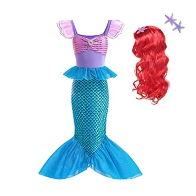 Image of Lito Angels Little Mermaid Princess Fancy Dress Up Costume Birthday Party Outfit with Hair Wig for Kids Girls Age 5 6 Years, Purple Blue (Tag Number 130)