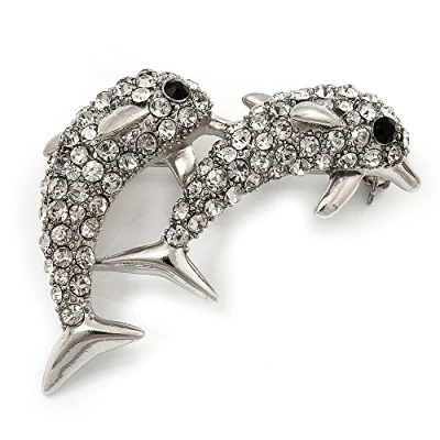Image of Avalaya Cute Diamante Dolphin Brooch (Rhodium Plated Metal)