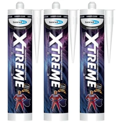 Image of Bond It XTREME Anti Mould Silicone Sealant 3x Clear, 310ml Waterproof High Performance Strong Adhesion Sanitary for Bathrooms Kitchens &amp; Wet Areas
