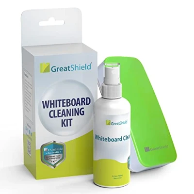 Image of GreatShield Magnetic Whiteboard Eraser Cleaning Kit (Green), Dry Eraser, Glass Board with 3.4 oz Note White Cleaner Spray Solution Included, for Classroom, Home and Office Use