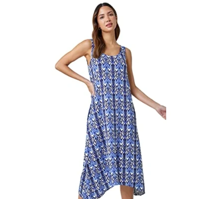 Image of Roman Originals Sleeveless Aztec Print Midi Stretch Dress for Women UK Ladies Everyday Holiday Spring Summer Round Neckline Comfy Soft Evening Vacation Work Party Blue Size 10