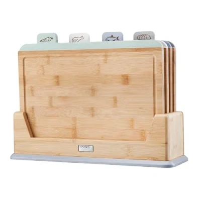 Image of Cooks Professional Index Chopping Board Set of 4 Bamboo Boards with Stand Wooden Cutting Tabs for Fruit &amp; Vegetables, Cooked Food, Raw Meat Fish Multi Coloured
