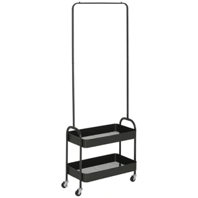 Image of HOMCOM Metal Clothes Rack with Shoe Storage, Clothing Rail on Wheels, Freestanding Hall Tree, Coat Stand 2 Storage Shelf, Black