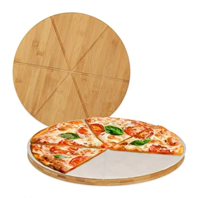 Image of Relaxdays Bamboo Pizza Board, Set of 2, Round Serving Plate, 33 cm Ø, incl. Baking Paper, Server with Grooves, Natural