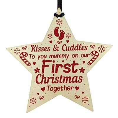Image of RED OCEAN First Christmas As Mummy Handmade Wooden Star Tree Decoration Bauble Gifts From Bump Newborn Baby