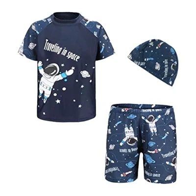 Image of FedMois Boy Swim Set, 3 Pieces Set Shirt + Swimming Shorts Cap, Space, 5 7 Years