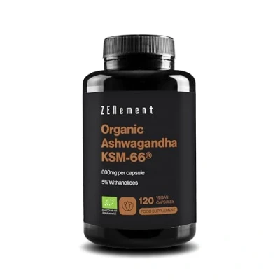 Image of Organic Ashwagandha KSM 66® with 5% Withanolides 600mg x 120 Vegan Capsules Pure High Strength Root Extract Physical and Emotional Balance Highest Concentration Zenement