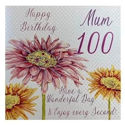 Image of white cotton cards Pink Gerbera, Happy 100 mum Have a Wonderful Day Handmade 100th Birthday Card, White, wba100