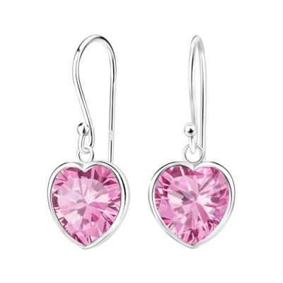 Image of The Goldmine Genuine 925 Sterling Silver dangly Heart Hook Earrings with Rose Colour CZ October Birthstone