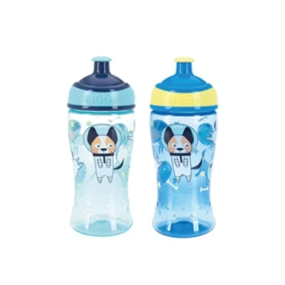 Image of Nuby Super Slurp Water Bottle No Spill Active Toddler Sippy Cup 360ml / 12oz Easy Grip Dishwasher Safe Suitable Beaker for 18 Months Plus (Astronauts, Pack of 2), 048526890477