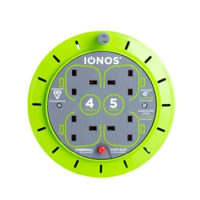 Image of Status: IONOS 4 Socket Cable Reel, 5m Green Extension Lead, 13A with Thermal Cut Out, Heavy Duty Outdoor ION5M13AACR6