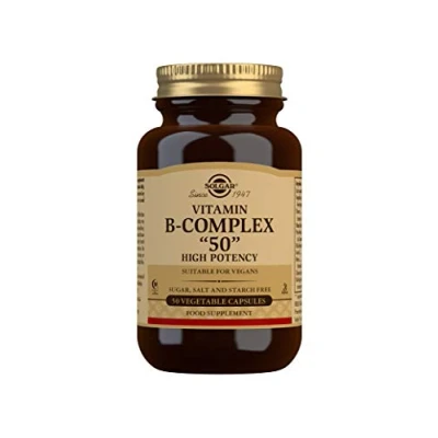 Image of Solgar Vitamin B Complex &#039;&#039;50&#039;&#039; Vegetable Capsules Pack of 50 High Potency Daily Capsule Supports Mental Performance, Reduces Fatigue For Busy and Active Lifestyles With Thiamine, Riboflavin, Folic Acid Vegan