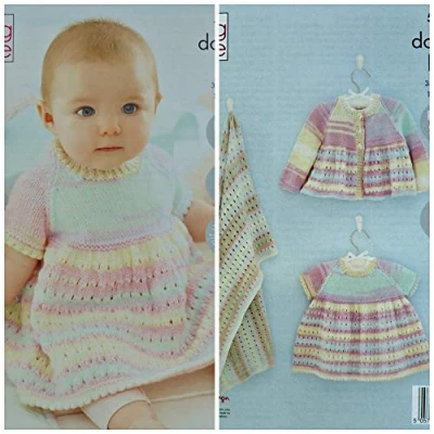 Image of King Cole 5511 Knitting Pattern Babies Dress Blanket and Matinee Cardigan in Beaches DK