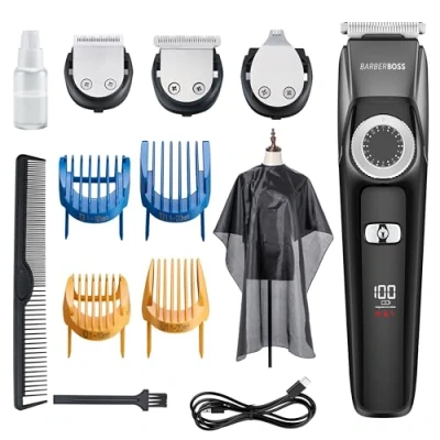 Image of BarberBoss 3 in 1 Facial Grooming Kit, Hair, Detail &amp; Beard Trimmer, Men’s Hair Clipper, Precision Control Dial, 4 Guide Combs, USB Rechargeable, LED Display, 100% Waterproof, QR 6086