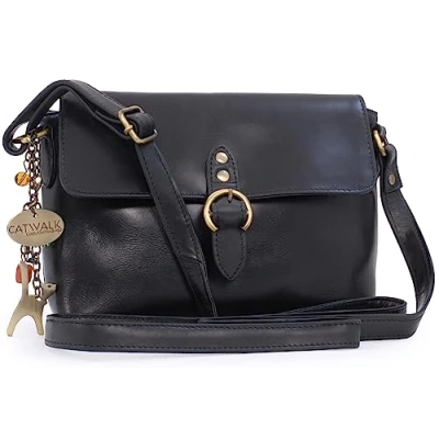 Image of Catwalk Collection Handbags Women&#039;s Leather Cross Body Bag Small Flapover Shoulder Adjustable Crossbody Strap FREYA Black