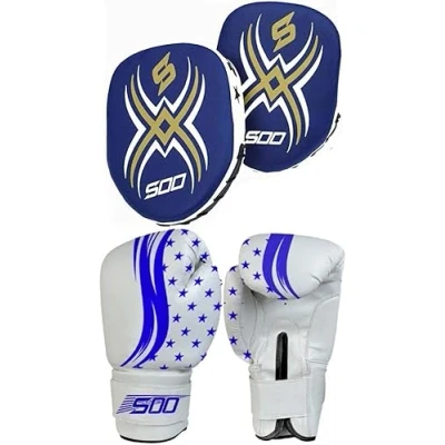 Image of Kids Boxing sparing, Training Gloves &amp; Punching Pads Rex leather Kids/Junior Bag Fitness Set Hook Jab Focus Punch Target Strike Mitts (Blue/White)