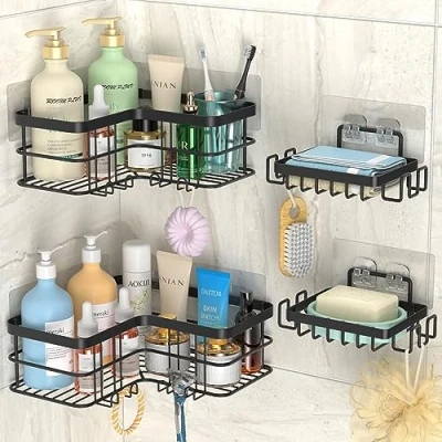 Image of Yazoni Shower Caddy, Adhesive Shelves No Drilling [5 Pack], Rustproof Stainless Steel Bathroom Organizer Wall Mounted, Large Capacity Shelf for Inside (Black)
