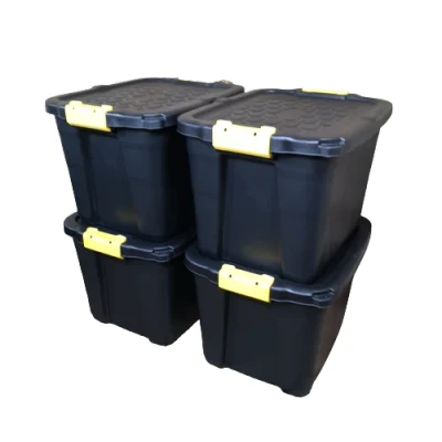 Image of 4 x 42L Heavy Duty Storage Tubs Sturdy, Lockable, Stackable and Nestable Design Chests with Clips in Black