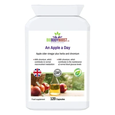 Image of an Apple A Day Cider Vinegar Complex Herbal Weight Management Digestive Health Cayenne Ginger Root Turmeric Green Tea Leaf Organic Black Pepper, Chromium Normal Blood Sugar