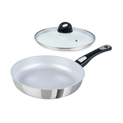 Image of Genius Cerafit Steel Frying Pan 28 cm + Glass Lid Oven Safe Ceramic with Scratch Resistant Non Stick Coating Induction Removable Handle for All Cookers