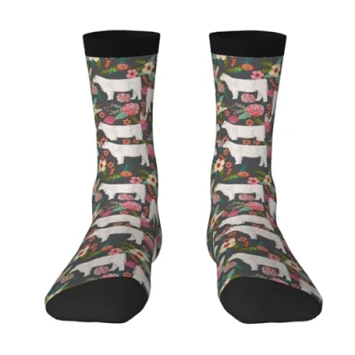 Image of BeNtli Crew Socks, Compression Socks Casual Novelty Sports 40CM Long For Unisex Charolais Cattle Fabric Cows Florals Far