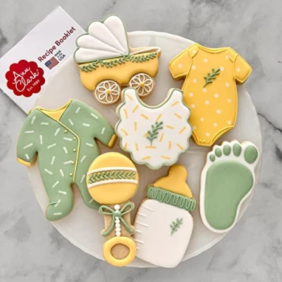 Image of Baby Shower Cookie Cutters 7 Pc Set Made in USA by Ann Clark, Onesie, Bib, Rattle, Bottle, Carriage, Foot, Footie PJs
