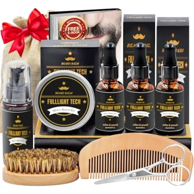 Image of Beard Kit for Men Grooming &amp; Care W/Beard Wash Shampoo,3 Pack Oil,Beard Shaper,Beard Brush,Balm,Comb,Scissors,Beard Gift