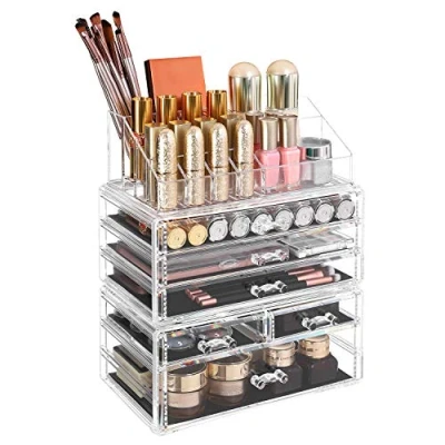 Image of SONGMICS Large Clear Acrylic Make up Organiser, Stackable Cosmetic Box, with 6 Drawers, for Palette Brush Foundations Lipstick Nail Polish Hairpins, Great Gift Loved Ones JKA009TP