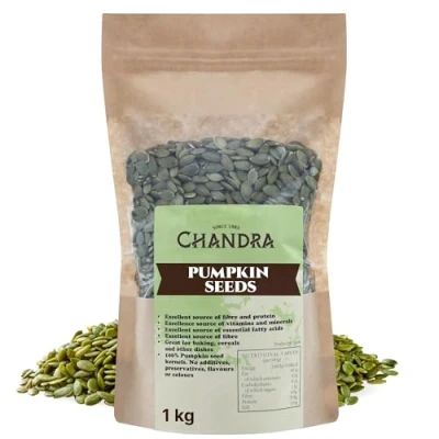 Image of Chandra Whole Foods Raw Pumpkin Seeds 1KG Low Carb High Fibre to Eat, for Breads, Soups, Cereals &amp; Snacks Gluten Free, Keto, Shell Rich in Protein, Vitamins Antioxidants