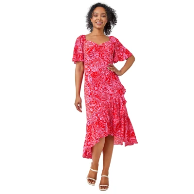 Image of Roman Petite Floral Print Ruched Midi Dress for Women UK Ladies Spring Everyday Summer Holiday Sweetheart Neckline Comfy Short Sleeve Soft Frock Frill Hem Gowns Pink Size 10