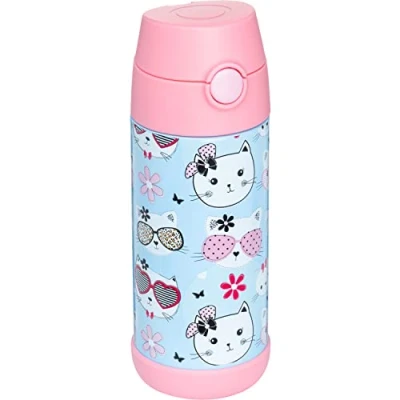 Image of Snug Kids Flask Stainless Steel Insulated Water Bottle with Straw for Children/Toddlers (Girls/Boys) Kitty, 350ml