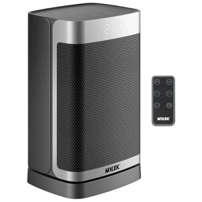 Image of Mylek Electric Fan Heater 1500W, Ceramic Portable Silent Space Energy Efficient Heaters Upright, Cool Mode, Home, Bedroom, Office, Remote Control, Digital, Safety Tip Over (1.5KW Silver and Black)