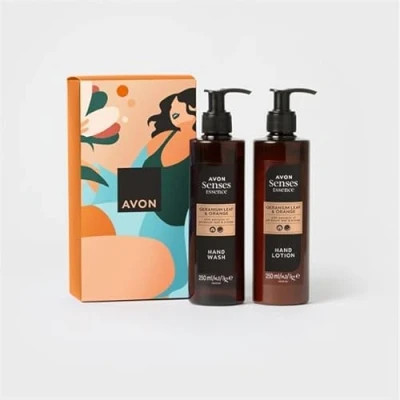 Image of Avon Senses Essence Duo Geranium &amp; Orange Hand Care Set Wash 250ml + Lotion Gift Boxed Sealed