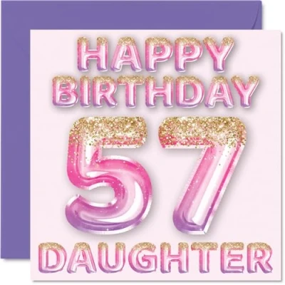 Image of 57th Birthday Card for Daughter Pink &amp; Purple Glitter Balloons Happy Cards 57 Year Old from Mum Dad Parents, 145mm x Bday Greeting Gift