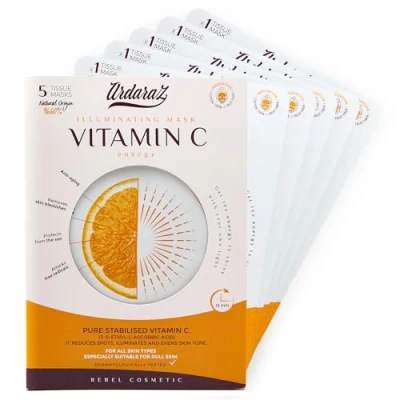 Image of Ardaraz face masks beauty with Stabilized Vitamin C for and Hyaluronic Acid. Anti Dark Spots Blemishes sheet masks. Deep hydration instant effect. Vegan mask set 5 pcs