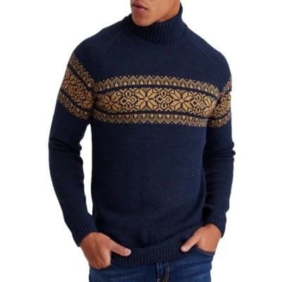 Image of Leif Nelson Men&#039;s Turtleneck Sweater, Norwegian Knitted Jumper with Winter Pattern, Warm Sweater for Autumn and Winter, blue, XL