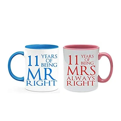 Image of Being Mr Right &amp; Mrs Always Set of 2 Wedding Anniversary, Valentines Day, Coloured Couple Mug Set. (11 Years)