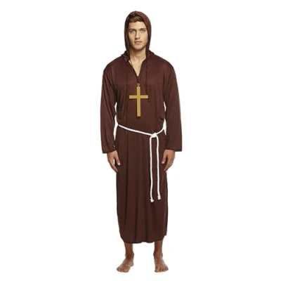 Image of HENBRANDT Adult Men’s Monk Fancy Dress Halloween Costume Brown Church Robe with Hood Renaissance Cosplay Stag Night Medieval Friar Tuck Up Outfit One Size Mens