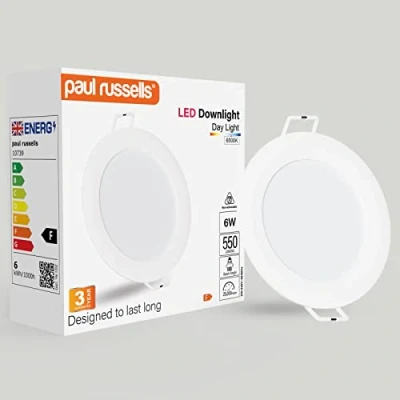 Image of paul russells LED Ceiling Downlights, 6W Slim Recessed Bathroom Kitchen Ceilings, 550 Lumens, 6500K Bright Daylight, Cutout 85 95mm, Round Non Dimmable Panel Spotlights, 1 Pack