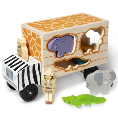 Image of Melissa &amp; Doug Wooden Shape Sorter Rescue Truck with Zoo Safari Animals Toys for Kids Puzzles 2+ Year Olds Montessori Toddler Animal Puzzles, Black