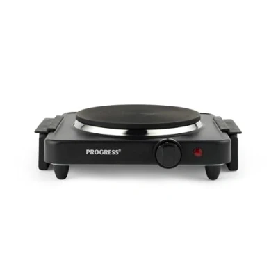 Image of Progress EK4353P Electric Hot Plate Portable Hob, Camping Cooker, Compact Tabletop Cast Iron Cooking Ring, Carry Handles, Single Burner Heating Plate, Non Slip Feet, Adjustable Temperature, 1500 W