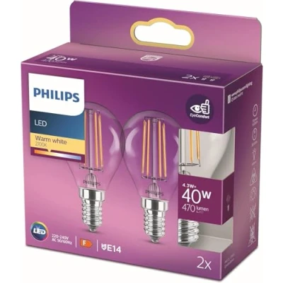 Image of PHILIPS LED Premium Classic Light Bulb Twin Pack [E14 Edison Screw] 4.3W, 40W Equivalent, Warm White (2700K).