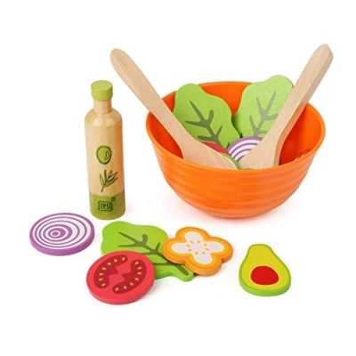 Image of Small Foot 11476 Wooden Set, Children&#039;s Vegetarian Play Kitchen Accessory, incl. Bowl, Salad Utensils and Dressing Toys, Multicolored