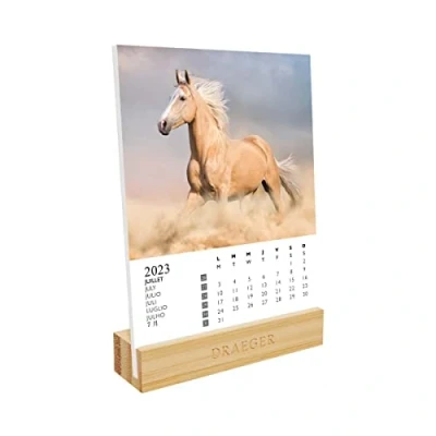 Image of DRAEGER PARIS Calendar on Stand Horses 2023 12 x 16.5 cm Year 7 Languages Monthly Desk Decoration Bamboo Base FSC® Certified Paper Vegetable Inks